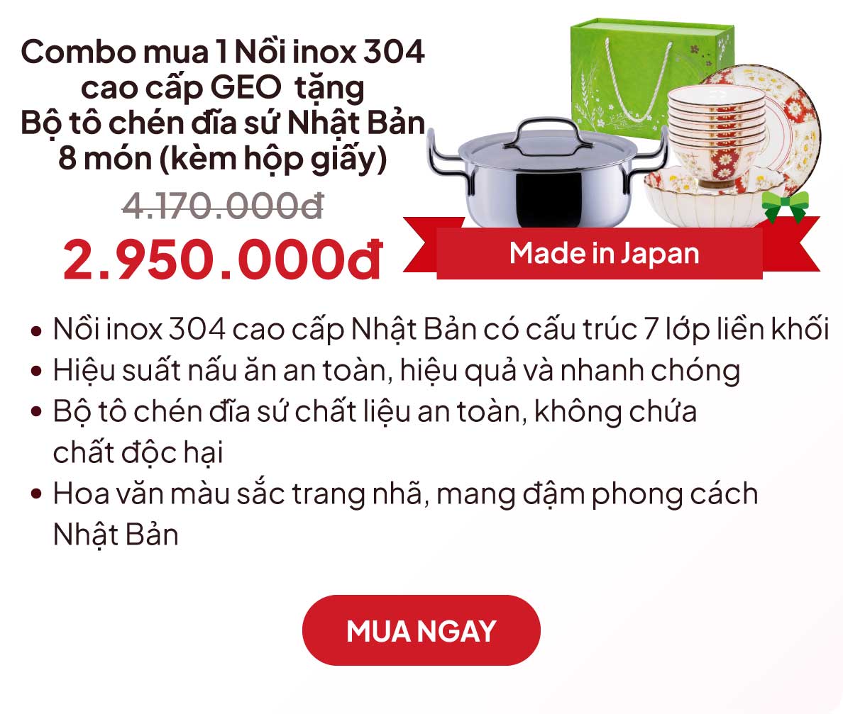Combo siêu hời mua Nồi inox 304 cao cấp GEO 7 lớp liền khối 20cm tặng Bộ tô chén đĩa sứ Nhật Bản hoa cúc 8 món kèm hộp giấy